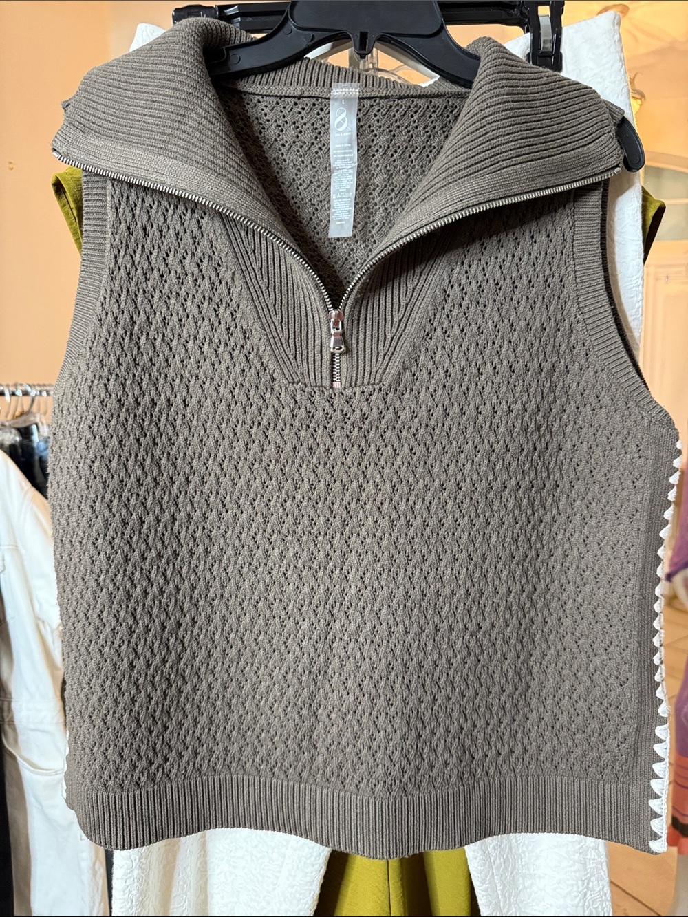 Lou & Grey Taupe Gray Pointelle Knit Half-Zip Sleeveless Sweater Top - Picture 4 of 12
